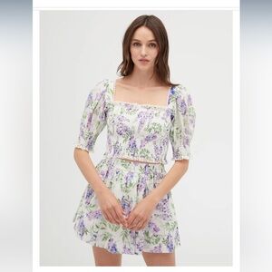 Floral Puff-Sleeve Cropped Top and Skirt Set - White with Lavender Print